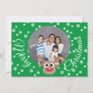 Photo Christmas Green Cute Reindeer White Script Holiday Card