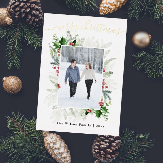 Photo Christmas Greenery Greeting  Foil Holiday Card (Creator Uploaded)