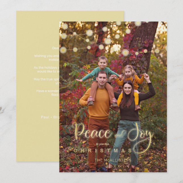 Photo Christmas Lights Peace Joy Whimsical Script (Front/Back)