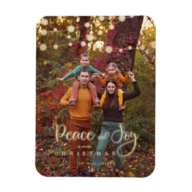 Photo Christmas Lights Peace Joy Whimsical Script Magnet (Vertical)
