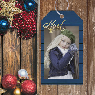 Photo Christmas Noel Blue Wood Gift Tags