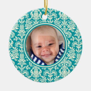 Photo Christmas Ornament-Blue & White Damasks Ceramic Tree Decoration