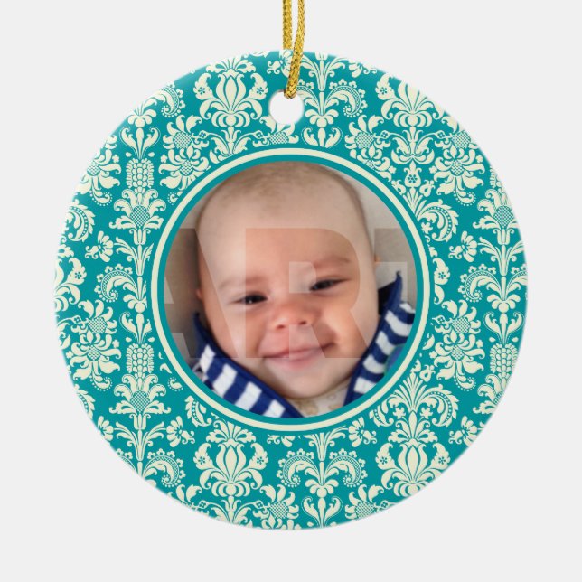 Photo Christmas Ornament-Blue & White Damasks Ceramic Tree Decoration (Front)