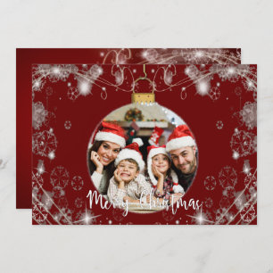 Photo Christmas Ornament With Snowy Swirls on Red Holiday Card
