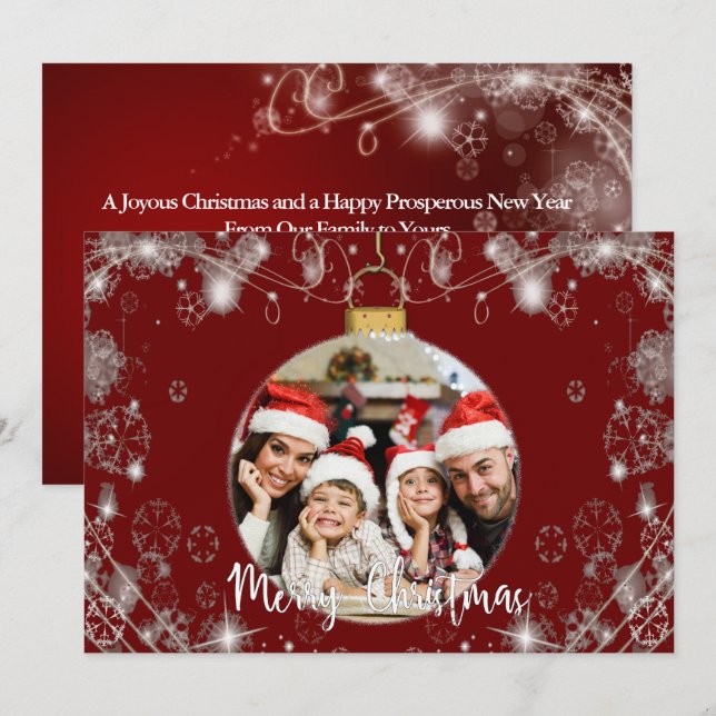 Photo Christmas Ornament With Snowy Swirls on Red Holiday Card (Front/Back)