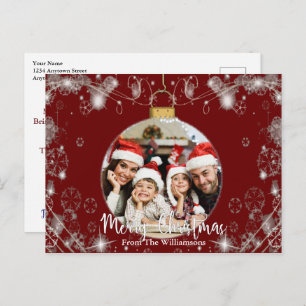 Photo Christmas Ornament With Snowy Swirls on Red Postcard