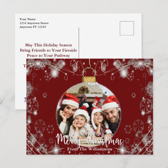 Photo Christmas Ornament With Snowy Swirls on Red Postcard (Front/Back)