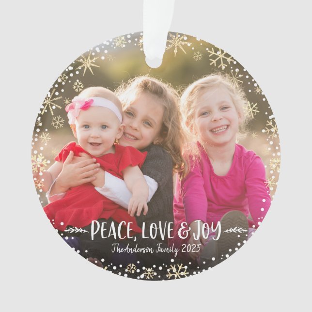 Photo Christmas Peace Love Joy Gold Snowflake Bold Ornament (Front)