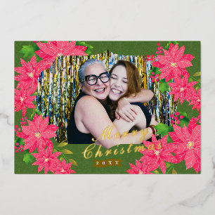 Photo Christmas Poinsettia Green Foil Holiday Card
