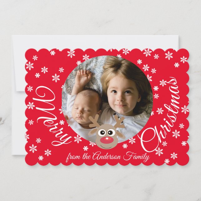 Photo Christmas Red Cute Reindeer White Script Holiday Card (Front)