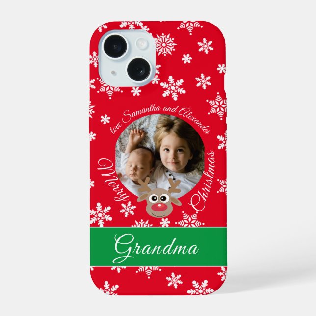 Photo Christmas Red Cute Reindeer White Script iPhone 15 Case (Back)