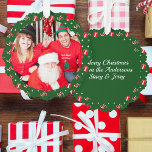 Photo Christmas Santa Candy Cane Names Green Paper Tree Decoration Card<br><div class="desc">Family Photo Christmas Santa Custom Greeting Paper Ornament Card. Green background with candy canes and wrapped gifts pattern. ⭐PERSONALIZE this template to add your photo and message on the back. ⭐</div>