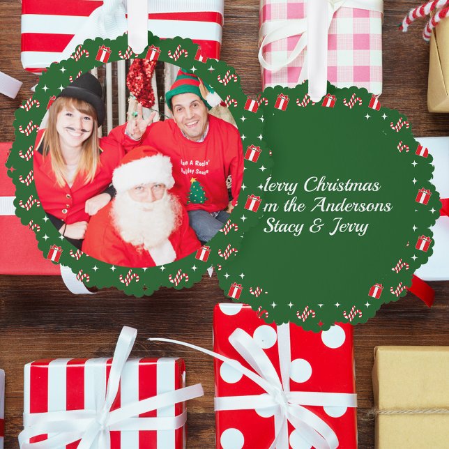 Photo Christmas Santa Candy Cane Names Green Paper Tree Decoration Card (Photo Christmas Santa Candy Cane Names Green Paper Ornament Card)