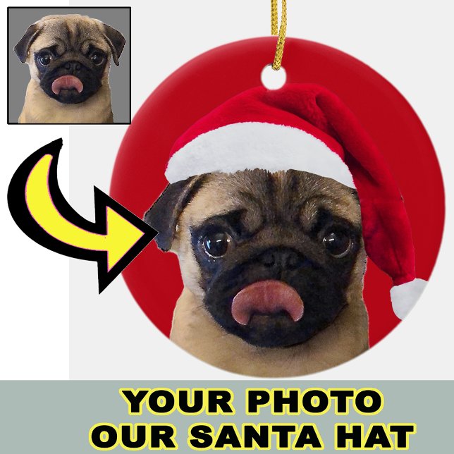 Photo Christmas Santa Hat on Your Dog Puppy        Ceramic Tree Decoration (Creator Uploaded)
