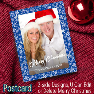 Photo Christmas Snowflake Elegant Script Blue Holiday Postcard
