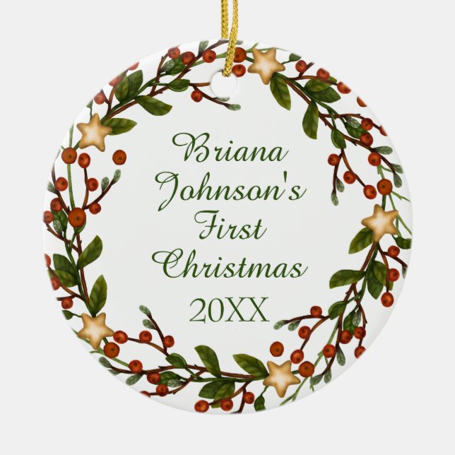 Photo Christmas Wreath Baby's First Christmas Cera Ceramic Tree Decoration (Front)