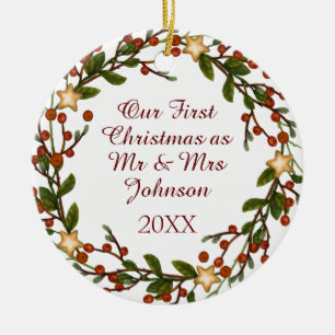 Photo Christmas Wreath First Christmas Mr Mrs Cera Ceramic Tree Decoration