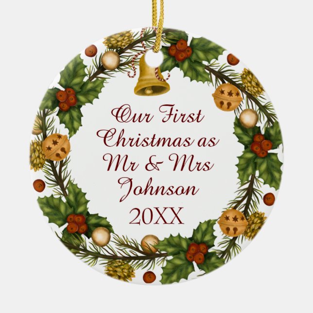 Photo Christmas Wreath First Christmas Mr Mrs Cera Ceramic Tree Decoration (Front)