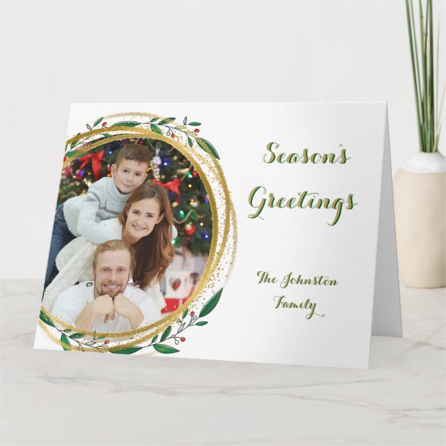 Photo Circle Gold Green & Red Season's Greetings Card (Front)