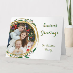 Photo Circle Gold Green & Red Season's Greetings Card