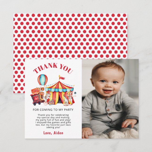 Photo Circus Carnival Birthday Party  Thank You Card (Front/Back)