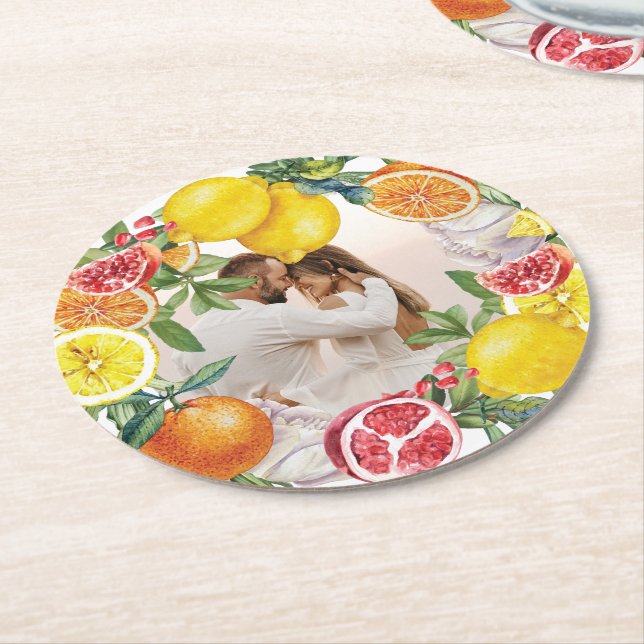 Photo Citrus Watercolor Botanical Wedding Round Paper Coaster (Angled)
