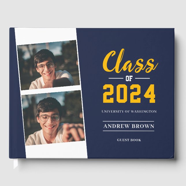 Photo Class of Navy Blue and Gold Guest Book (Front)