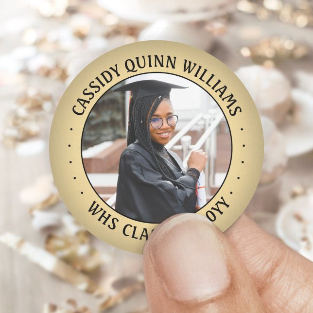 Photo Class Year Black and Gold Elegant Graduation Classic Round Sticker (Creator Uploaded)