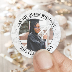Photo Class Year Black and White Marble Graduation Classic Round Sticker