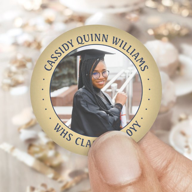 Photo Class Year Navy Blue Gold Modern Graduation Classic Round Sticker (Creator Uploaded)