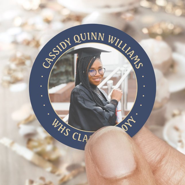 Photo Class Year Navy Blue Gold Modern Graduation Classic Round Sticker (Creator Uploaded)