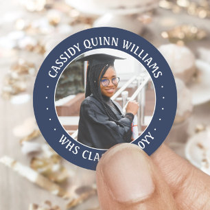 Photo Class Year Navy Blue White Modern Graduation Classic Round Sticker