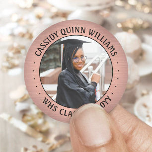 Photo Class Year Pink Rose Gold & Black Graduation Classic Round Sticker