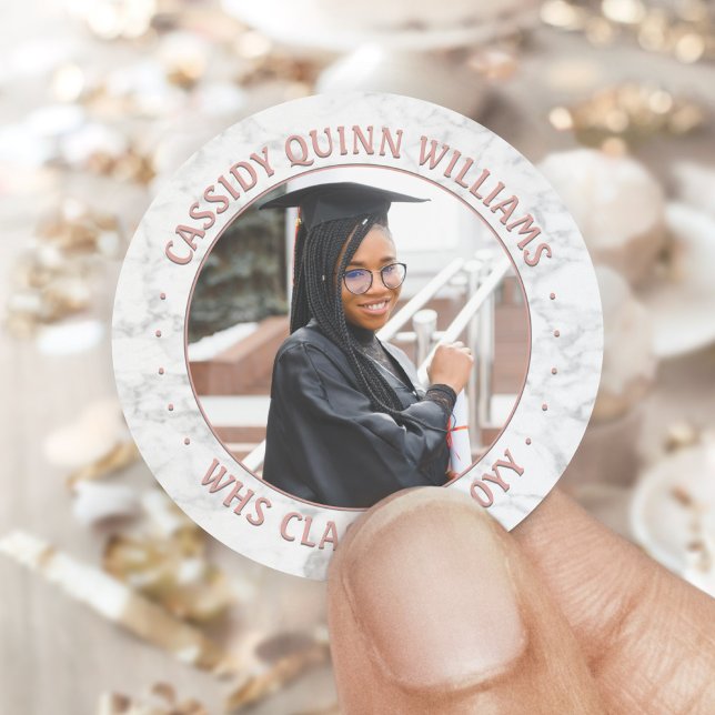 Photo Class Year Pink Rose Gold Marble Graduation Classic Round Sticker (Creator Uploaded)