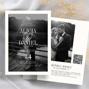 Photo classic black and ivory QR code RSVP wedding Invitation
