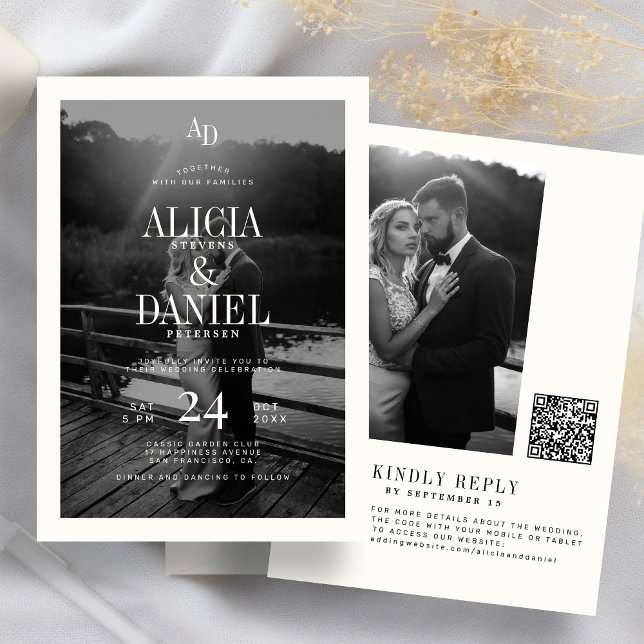 Photo classic black and ivory QR code RSVP wedding Invitation (Creator Uploaded)