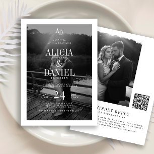 Photo classic black and white QR code RSVP wedding Invitation