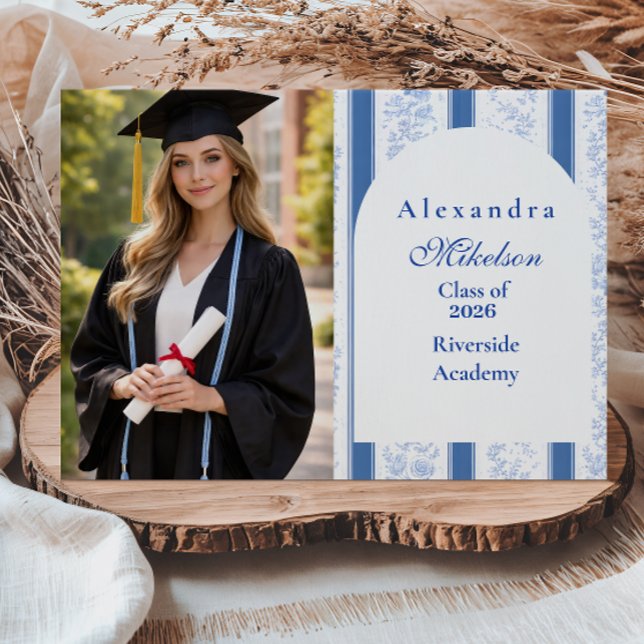 Photo Classic Blue Toile Graduation Party Announcement (Creator Uploaded)