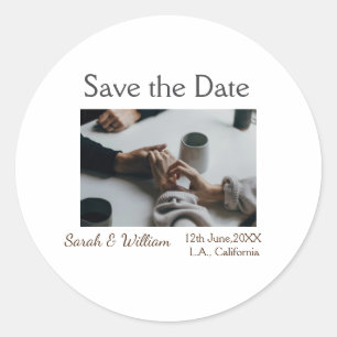 Photo classic white elegant typography wedding mod round sticker