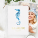 Photo Coastal Christmas Cards<br><div class="desc">Send a splash of joy this season with Do Tell A Belle’s coastal Christmas cards—perfect for newlyweds, beach lovers, and ocean-inspired celebrations. These cute, nautical holiday cards feature an original watercolor seahorse in serene shades of blue, hand-painted by Florida artist Victoria Grigaliunas. The playful greeting “Seas and Greetings” is stamped...</div>