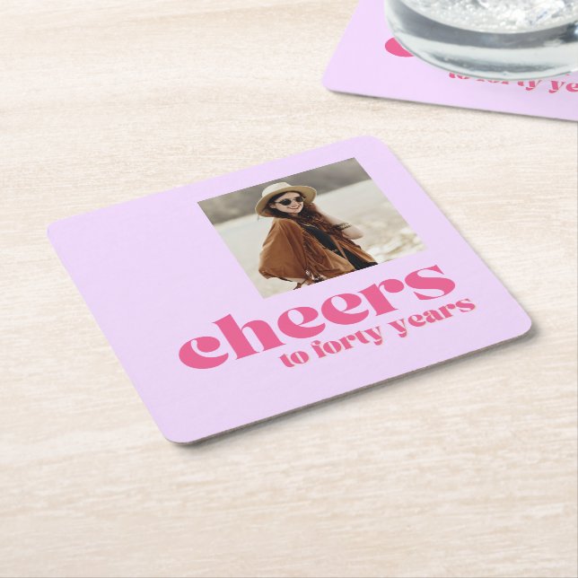 Photo Coaster, Retro Purple & Pink, 40th birthday Square Paper Coaster (Angled)