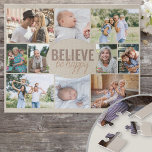 Photo Collage 10 Family Photo Believe be Happy Jigsaw Puzzle<br><div class="desc">Photo Collage puzzle with 10 of your favourite photos. The wording in the centre reads "believe be happy" and is lettered in bold typography and casual, skinny font script. The photo template is set up for you to add 10 pictures, which are displayed in landscape, square and portrait pictures to...</div>