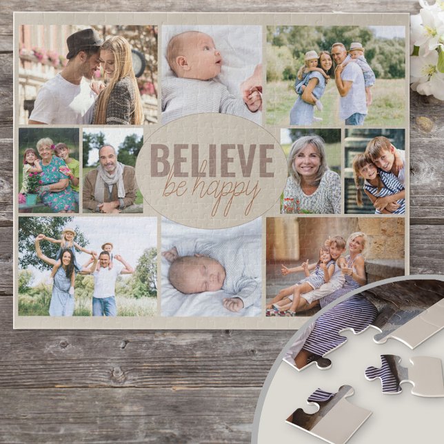 Photo Collage 10 Family Photo Believe be Happy Jigsaw Puzzle (520 piece jigsaw puzzle with 10 of your favorite photos framing believe be happy quote)