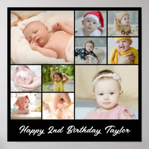 Photo Collage 10 Picture Grid Custom Square Black Poster