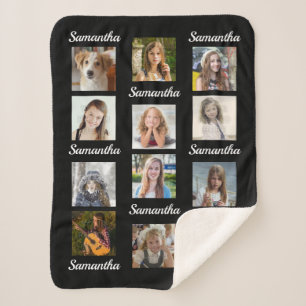 Photo Collage 12 Instagram Picture Kids Name Black Sherpa Blanket