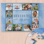 Photo Collage 12 Picture Grandkids Make Life Grand Jigsaw Puzzle<br><div class="desc">Custom photo puzzle with lovely grandkids quote and sky blue background. The photo template is set up ready for you to add 12 of your favourite photos which are displayed as a border around the grandparents saying. The wording reads "Grandkids make life grand" in hand lettered quirky uppercase and elegant...</div>