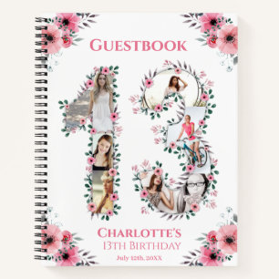 Photo Collage 13th Birthday Pink Flower Guest Book