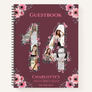 Photo Collage 14th Birthday Pink Flower Guest Book