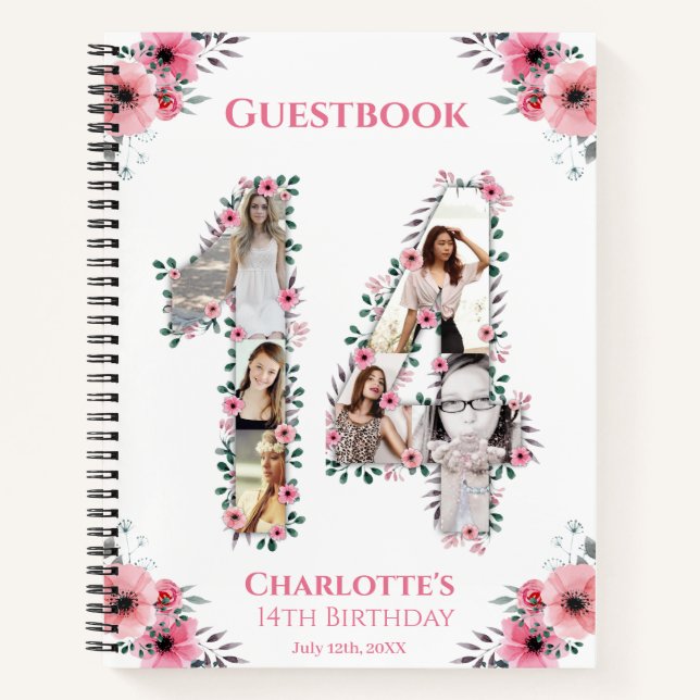 Photo Collage 14th Birthday Pink Flower Guest Book (Front)