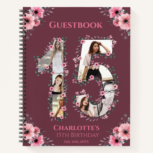 Photo Collage 15th Birthday Pink Flower Guest Book (Front)